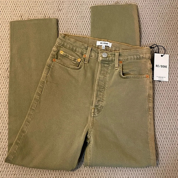 Re/Done NWT 70’s ultra high rise stove pipe raw hem size 26 crop green sage - Picture 1 of 9